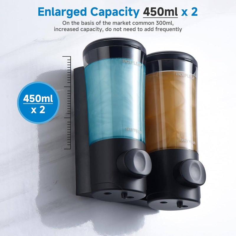 DOLPLEAP Shampoo Conditioner Body Wash Dispenser No Drill Shower Soap Dispenser Wall Mounted Shampoo Dispenser 2 Chamber with Upgrade Pump Head Bathroom Soap Dispenser 450ml/Each Black - Image 4